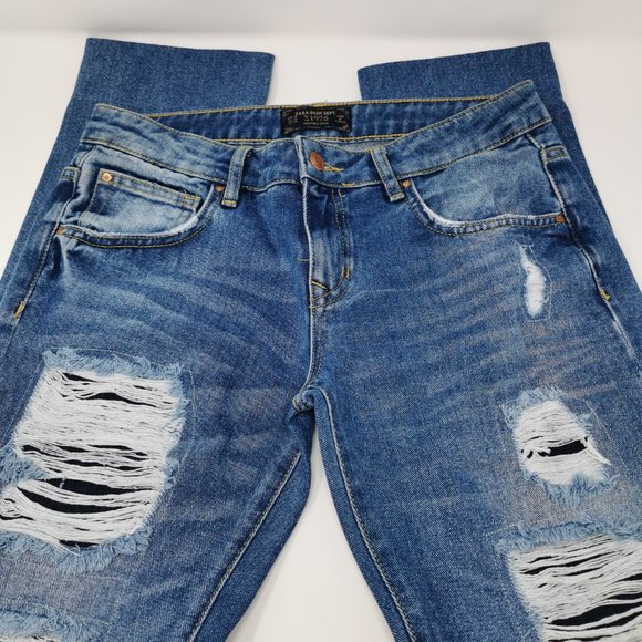 Zara Basic Z1975 Heritage Denim Distressed Straight Leg Jeans